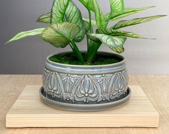 5" Ceramic Planter – Planter with Attached Bottom -  Floral Design - Slip Trailed Pottery