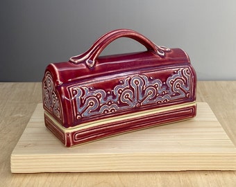 Handmade Ceramic Butter Dish - Ceramic Tableware - Arabesque Design - Slip Trailed Pottery