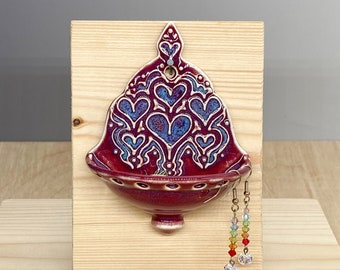 Ceramic Earring Holder - Wall Mount - Jewelry Organizer - Heart Design - Slip Trailed Pottery