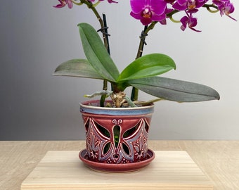 Small Orchid Pot - Butterfly Design - Slip Trailed Pottery - Ceramic Luminary