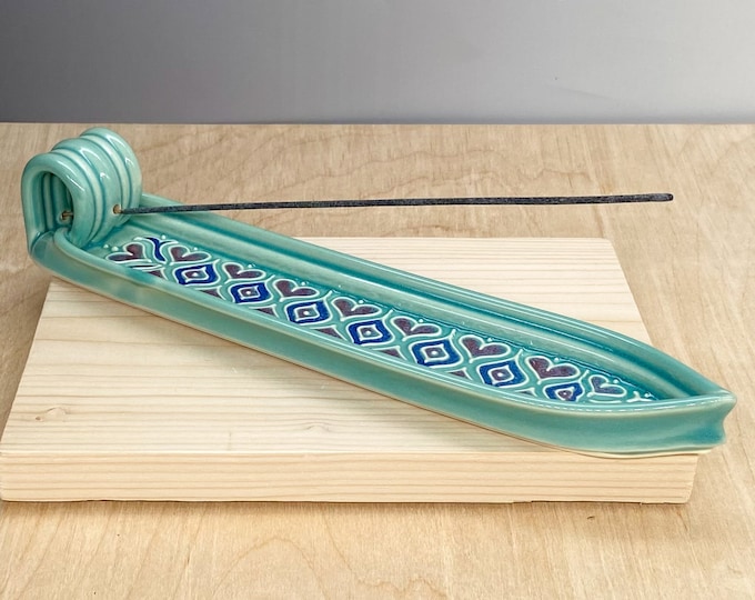 Ceramic Incense Burner – Incense Stick Holder – Heart Design – Slip Trailed Pottery