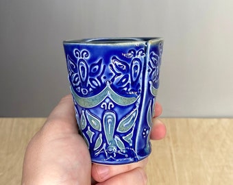 Ceramic Espresso Cup - 4 oz - Medicine Cup - Butterfly Design – Slip Trailed Pottery