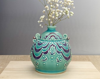 Ceramic Bud Vase – Small Accent Vase - Art Nouveau – Slip Trailed Pottery