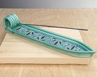 Brûle-encens en céramique - Porte-bâtonnets d'encens - Motif floral - Poterie traînée