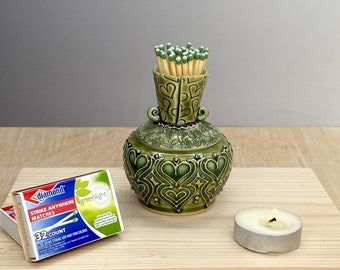 Match Striker Jar – Treasure Jar – Heart Design – Slip Trailed Pottery