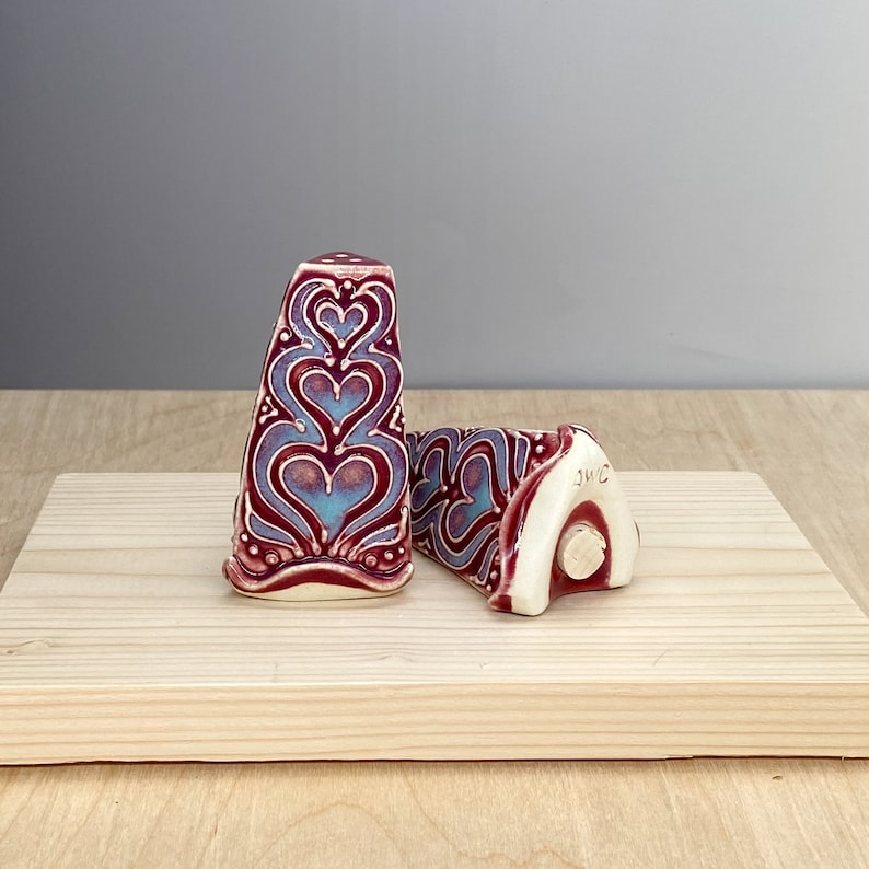 Stoneware Salt and Pepper Shaker Set Heart Design Slip Trailed Pottery image 3