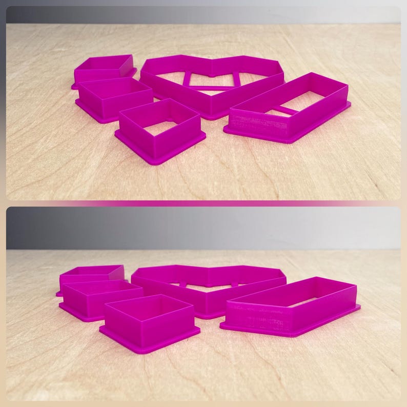 May include: Set of six pink plastic cookie cutters, including a heart, a square, and a rectangle.