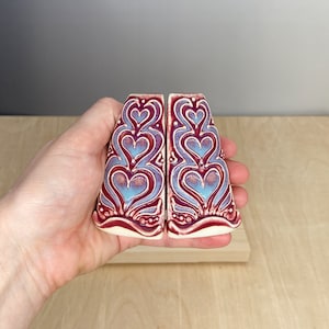 Stoneware Salt and Pepper Shaker Set Heart Design Slip Trailed Pottery image 4
