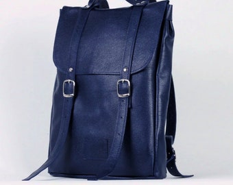 Navy middle size leather backpack rucksack / To order / / Black Friday