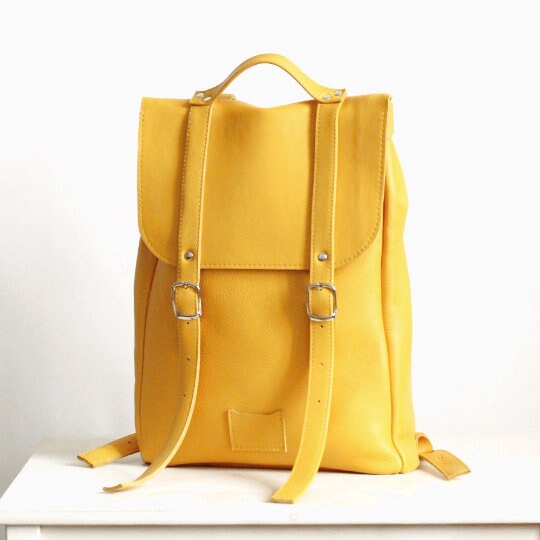 Yellow middle size leather backpack rucksack / To order / Etsy