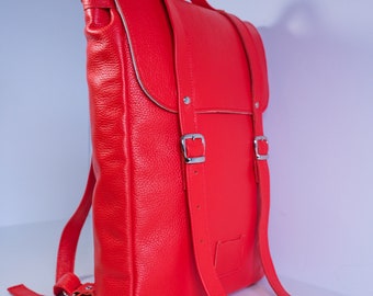 Hot red colored middle size leather backpack rucksack / In stock / Laptop backpack / Leather rucksack / Womens backpack / Christmas Gift /