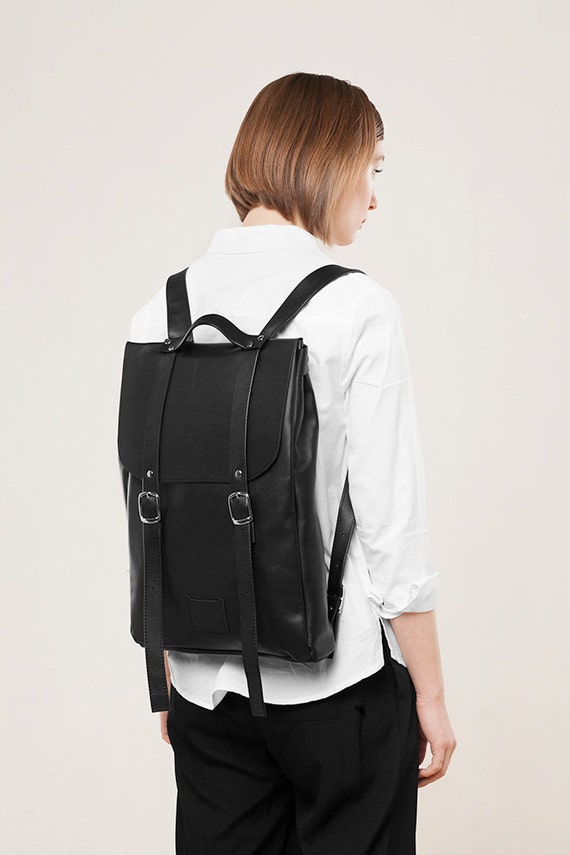 Black middle size leather backpack rucksack / To order / Black Etsy