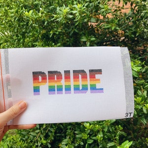 May include: A white canvas with the word "PRIDE" embroidered in rainbow colors. The canvas is held in a hand against a green leafy background.