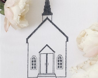 Könnte beinhalten: Schwarz-weiß-Zeichnung eines Kirchengebäudes mit einem Turm und einem Kreuz auf weißem Hintergrund.