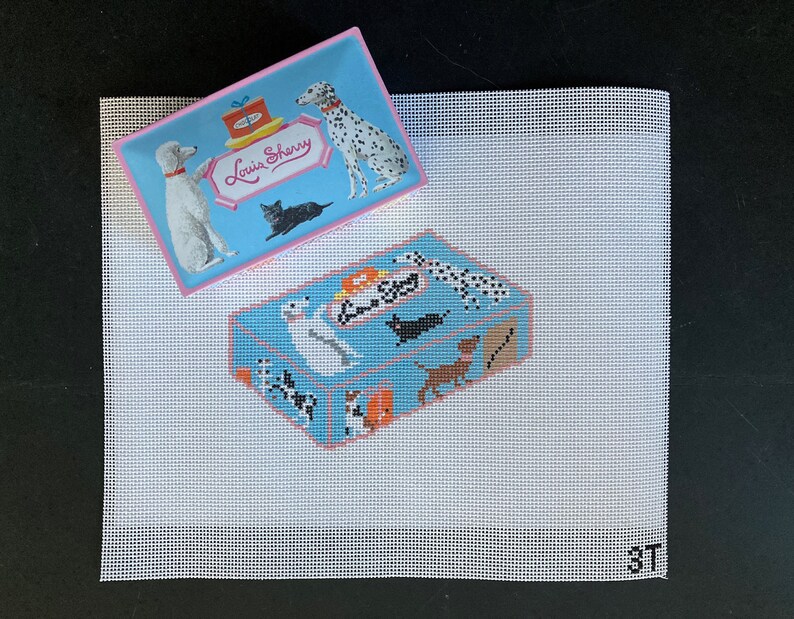 Louis Sherry Truffle Hound Tin Handpainted Needlepoint Canvas Louis Sherry Truffle Hound Tin Handpainted Needlepoint Canvas