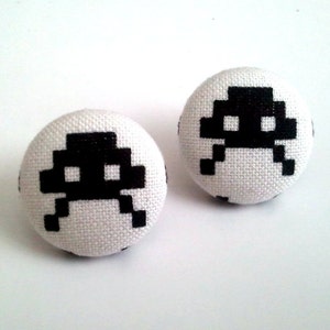 Old school space invader video game character black and white fabric button earrings image 1