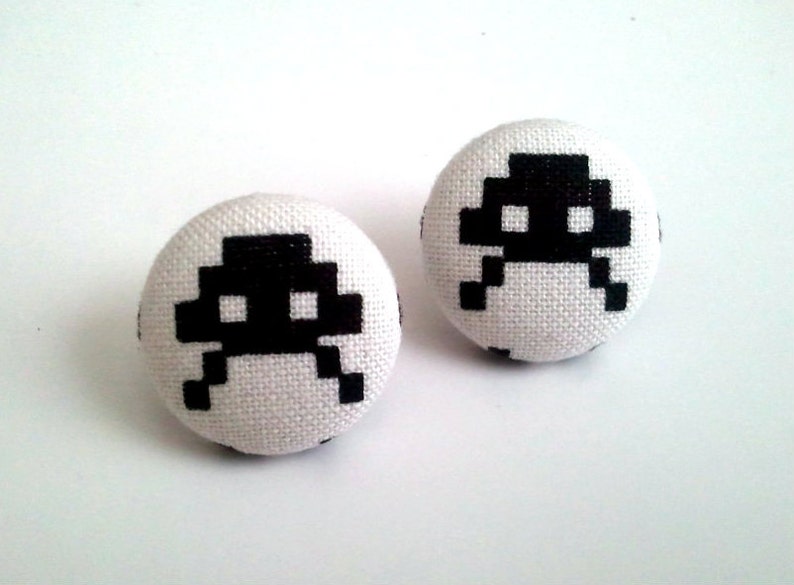 Old school space invader video game character black and white fabric button earrings image 1