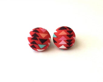 Stacked triangles red geometric fabric button earrings