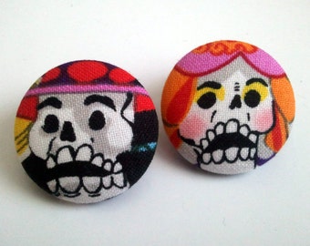 Dia de los muertos day of the dead bride and groom large button earrings