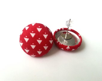 NEW red and white triangles geometric fabric button earrings