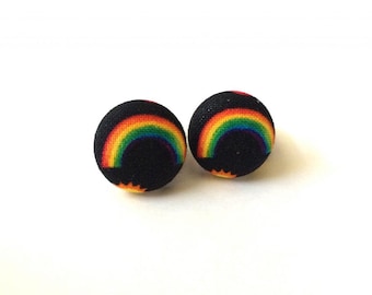 Cute rainbow fabric button earrings