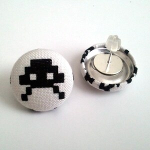 Old school space invader video game character black and white fabric button earrings image 2