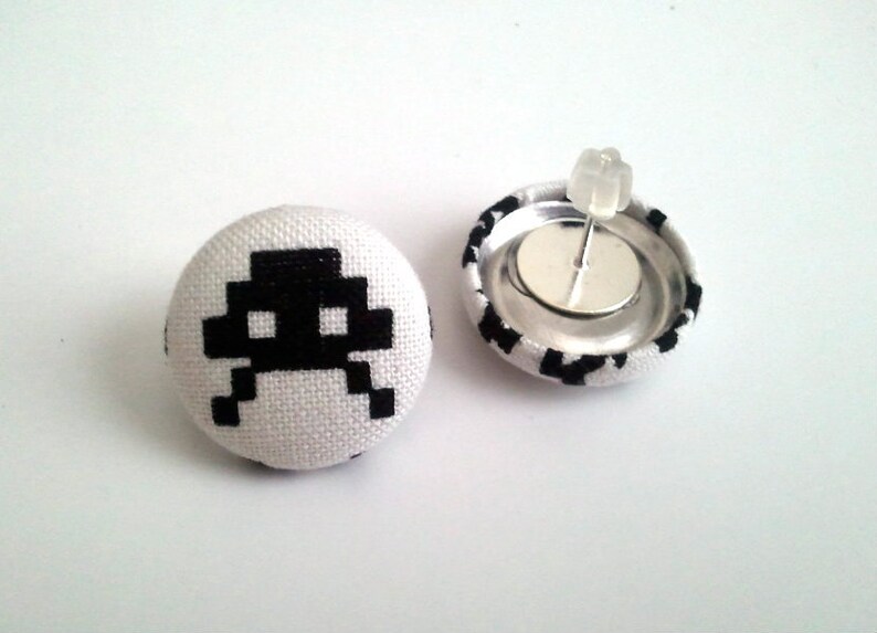 Old school space invader video game character black and white fabric button earrings image 2