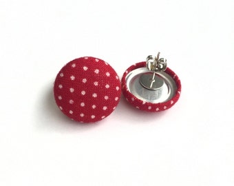 Button earrings red and white polka dot vintage rockabilly fabric earrings