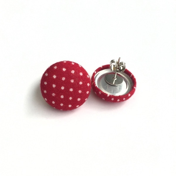 Button earrings red and white polka dot vintage rockabilly fabric earrings