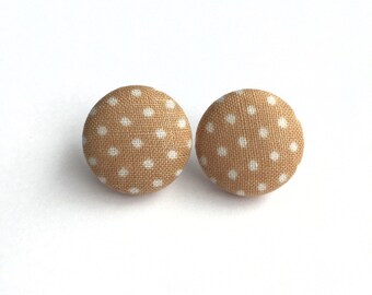 Nude and white polka dot fabric button earrings