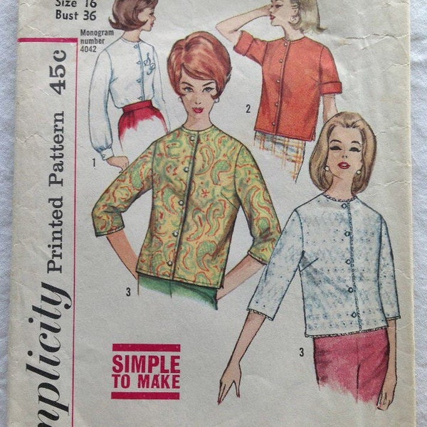 Vintage Early Sixties Simplicity Printed Pattern 4464 Simple to Make Misses Blouse