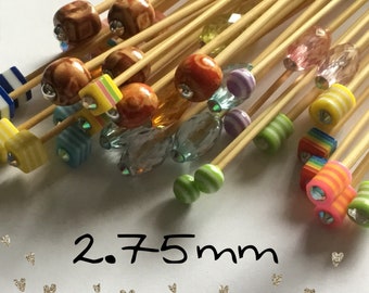 Size 2.75mm (us size 2) 1 Pair Beaded Bamboo Knitting Needles, Choose Length & Bead