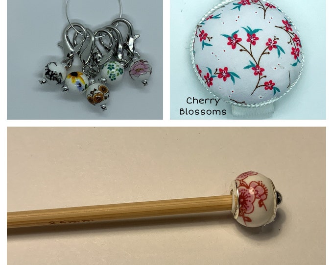 Cherry Blossom Crochet Gift Set includes 15cm 4mm crochet hook, wrist pin cushion and crochet clips