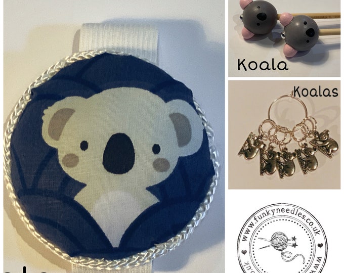 Koala Knitting Gift Set includes 23cm 4mm knitting needles, wrist pin cushion and stitch markers