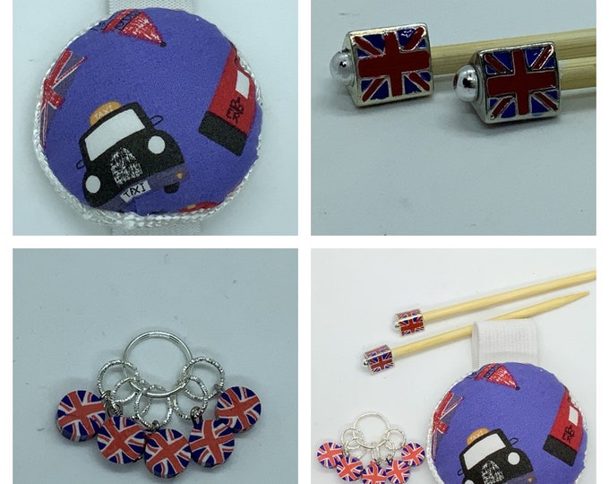 Hello London Gift Set includes 23cm 4mm knitting needles, wrist pin cushion and stitch markers