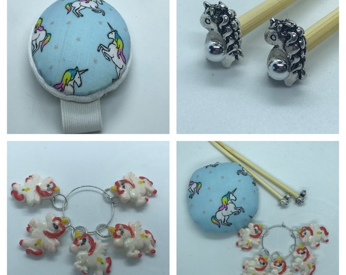 Unicorn Gift Set includes 23cm 4mm knitting needles, wrist pin cushion and stitch markers