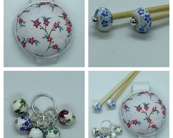 Cherry Blossom Gift Set includes 23cm 4mm knitting needles, wrist pin cushion and stitch markers