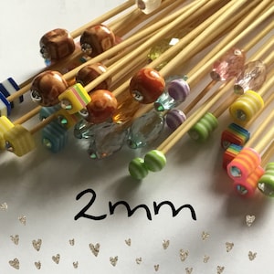 Size 2mm (us size 0) 1 Pair Beaded Bamboo Knitting Needles, Choose Length & Bead