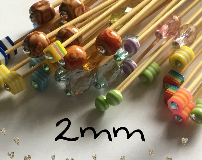 Size 2mm (us size 0) 1 Pair Beaded Bamboo Knitting Needles, Choose Length & Bead