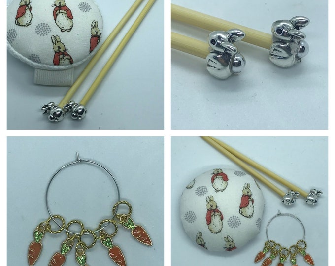 Flopsy Bunny Gift Set includes 23cm 4mm knitting needles, wrist pin cushion and stitch markers