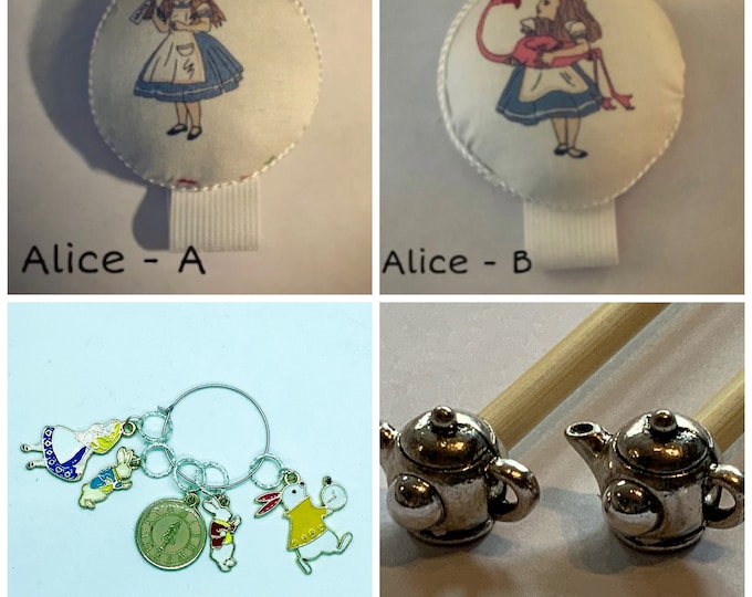 Alice in Wonderland Gift Set includes 23cm 4mm knitting needles, wrist pin cushion and stitch markers