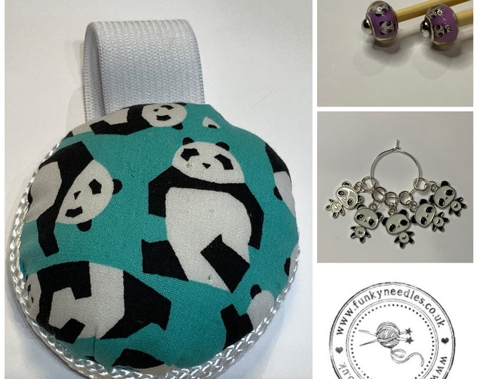 Panda Gift Set includes 23cm 4mm knitting needles, wrist pin cushion and stitch markers