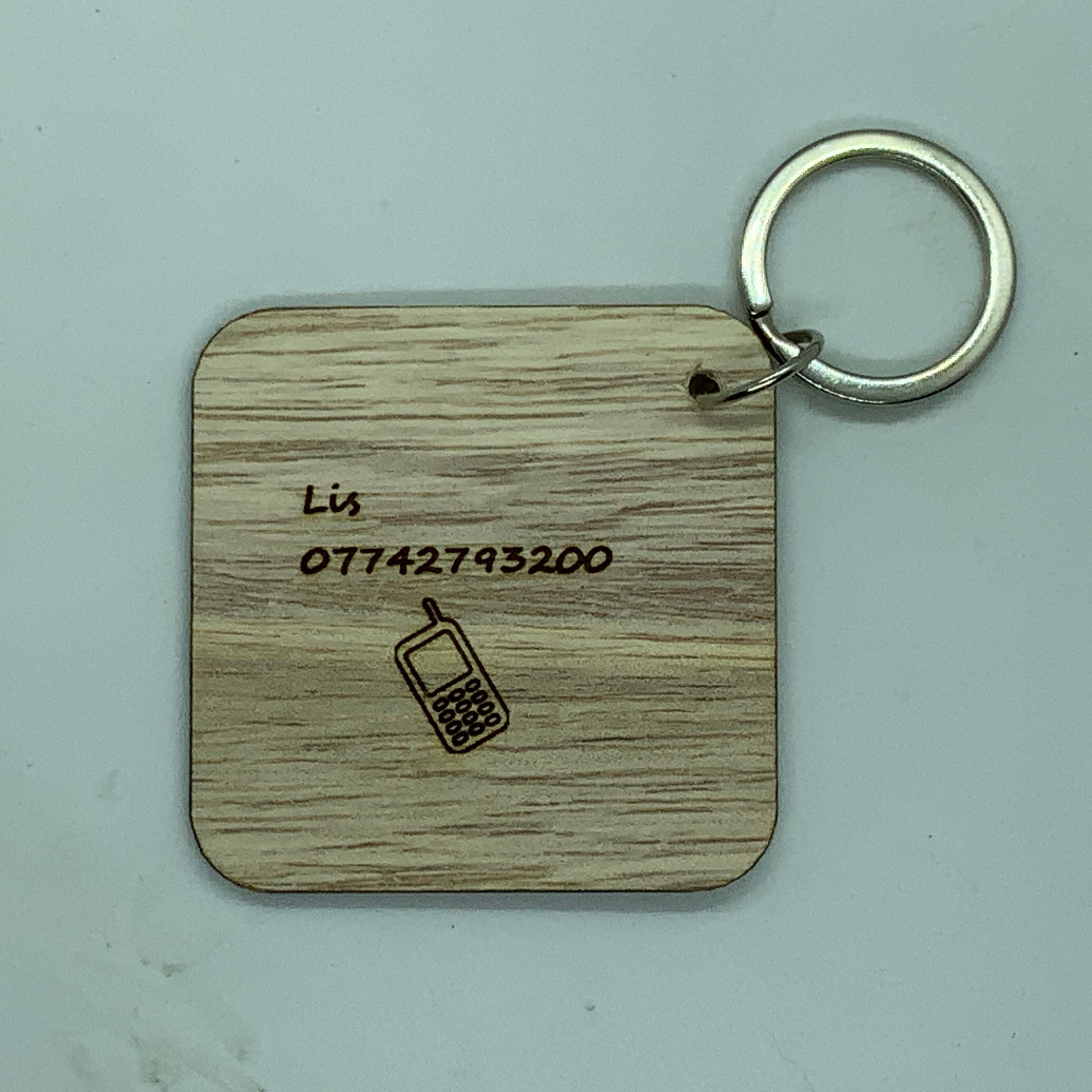 Engraved Handmade Wooden Key Fob with Name/Phone Number on Back