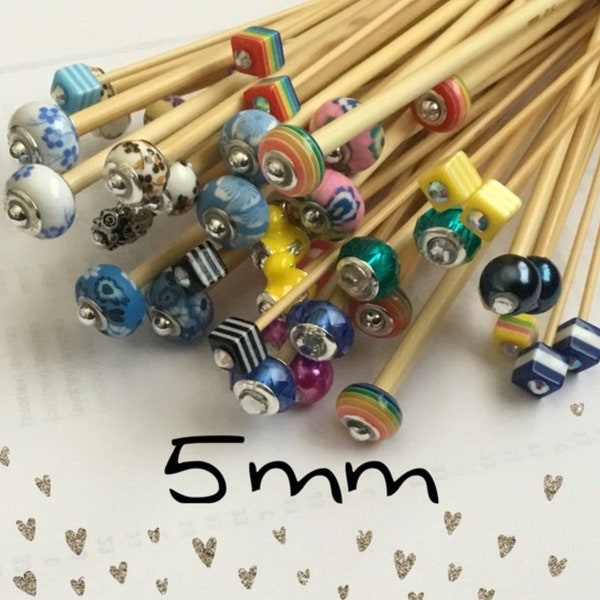 Size 5mm (us size 8) 1 Pair Beaded Bamboo Knitting Needles/Crochet Hook, Choose Length & Bead
