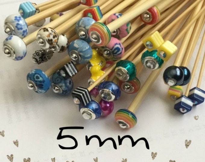 Size 5mm (us size 8) 1 Pair Beaded Bamboo Knitting Needles/Crochet Hook, Choose Length & Bead