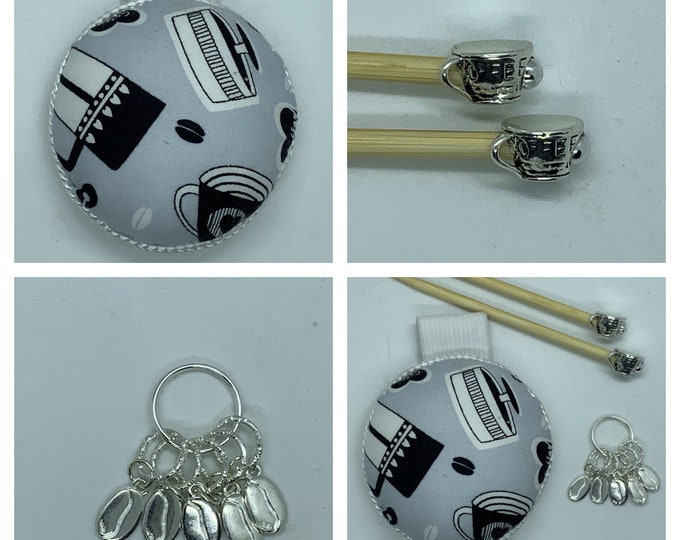 Coffee Break Gift Set includes 23cm 4mm knitting needles, wrist pin cushion and stitch markers