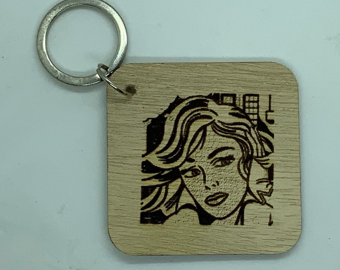 Engraved Handmade Wooden Pop Art Key Fob with Name/Phone Number on Back