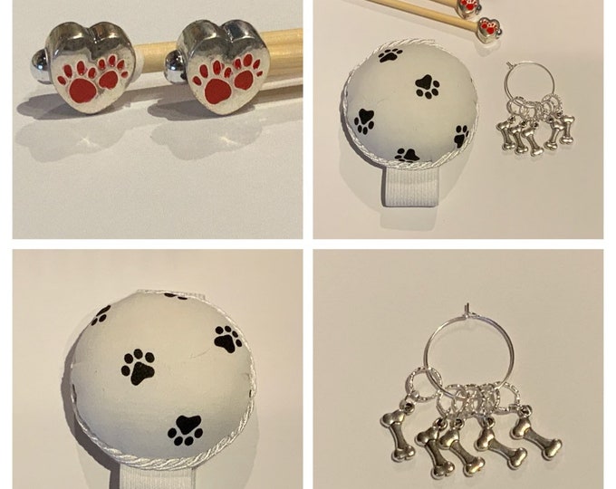 Dog Gift Set includes 23cm 4mm knitting needles, wrist pin cushion and stitch markers