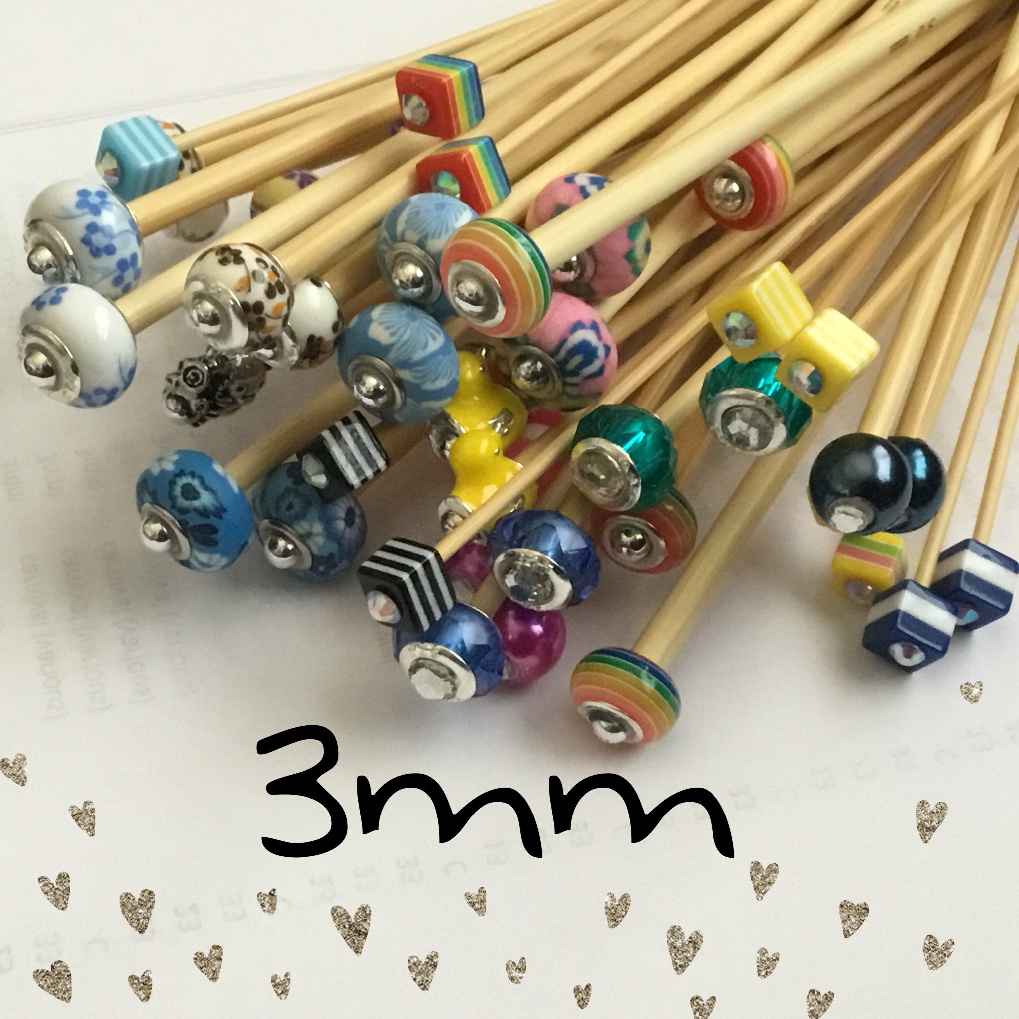 Size 3mm (us size 2) 1 Pair Beaded Bamboo Knitting Needles/Crochet Hook ...