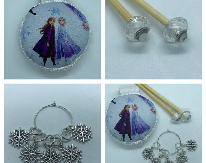 Frozen Gift Set includes 23cm 4mm knitting needles, wrist pin cushion and stitch markers